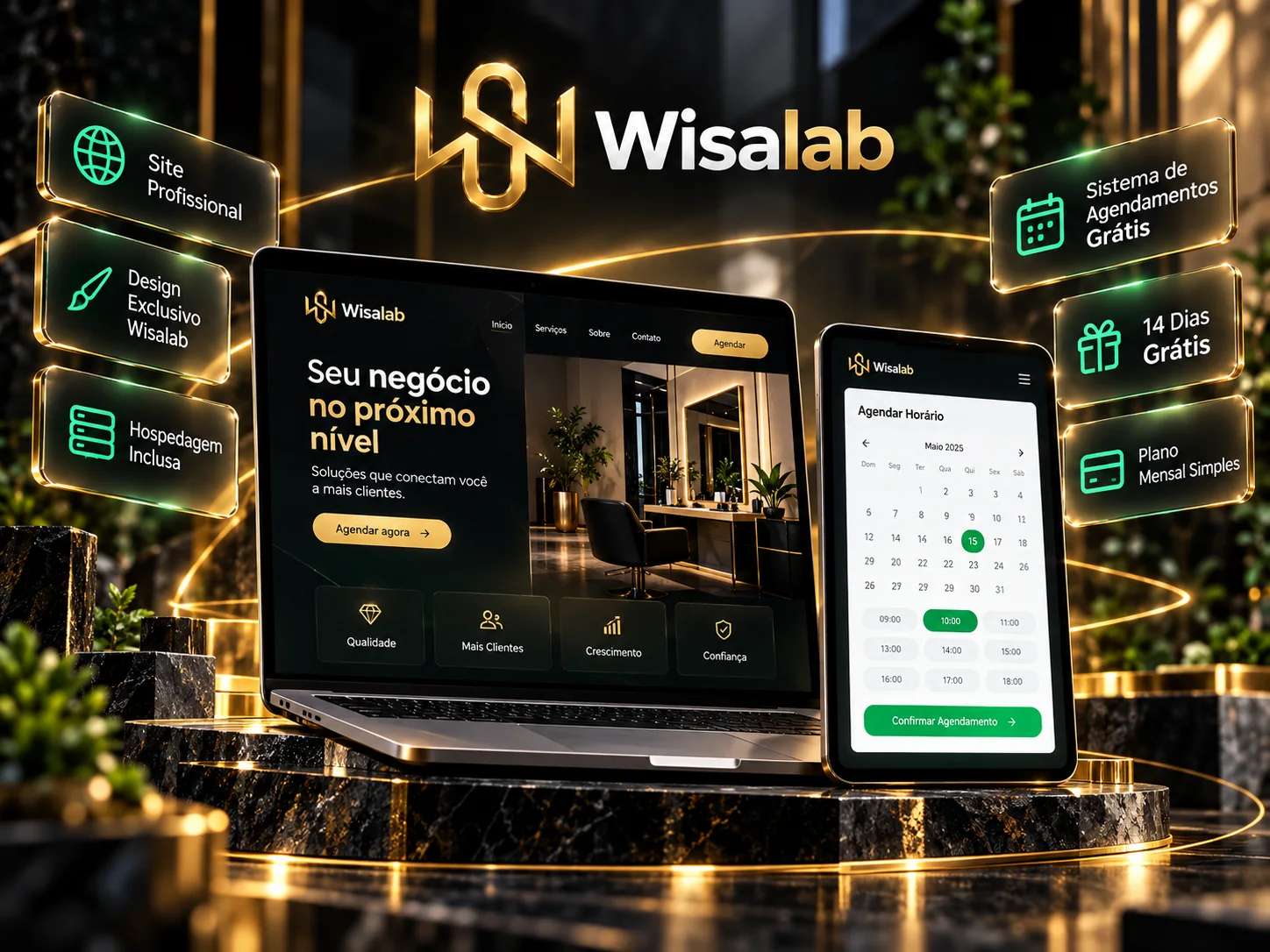 Site profissional Wisalab com sistema de agendamento online no computador e no celular