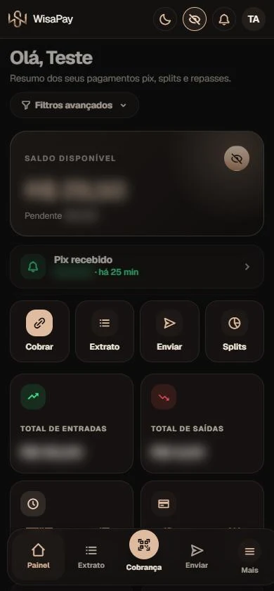 Tela inicial real do app WisaPay no celular, com o modo discreto escondendo os valores