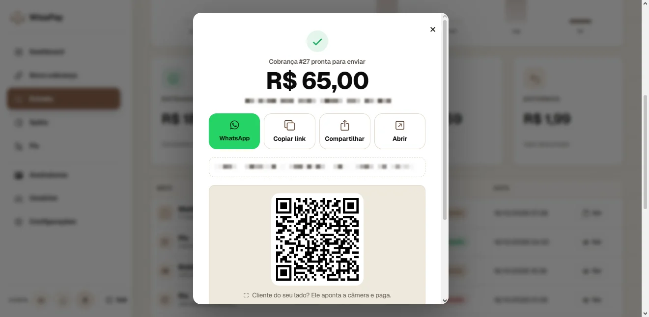 Tela Cobrança pronta para enviar do painel WisaPay