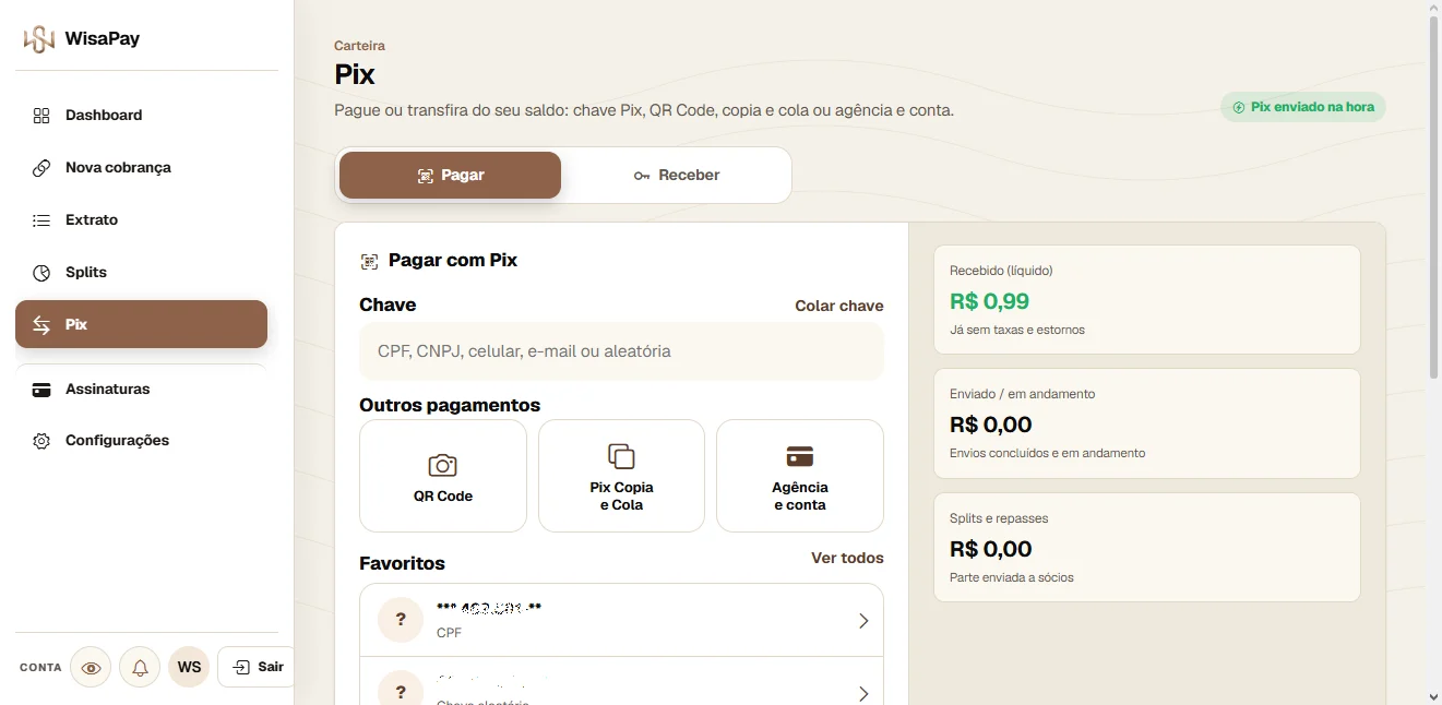 Tela Pagar com Pix do painel WisaPay