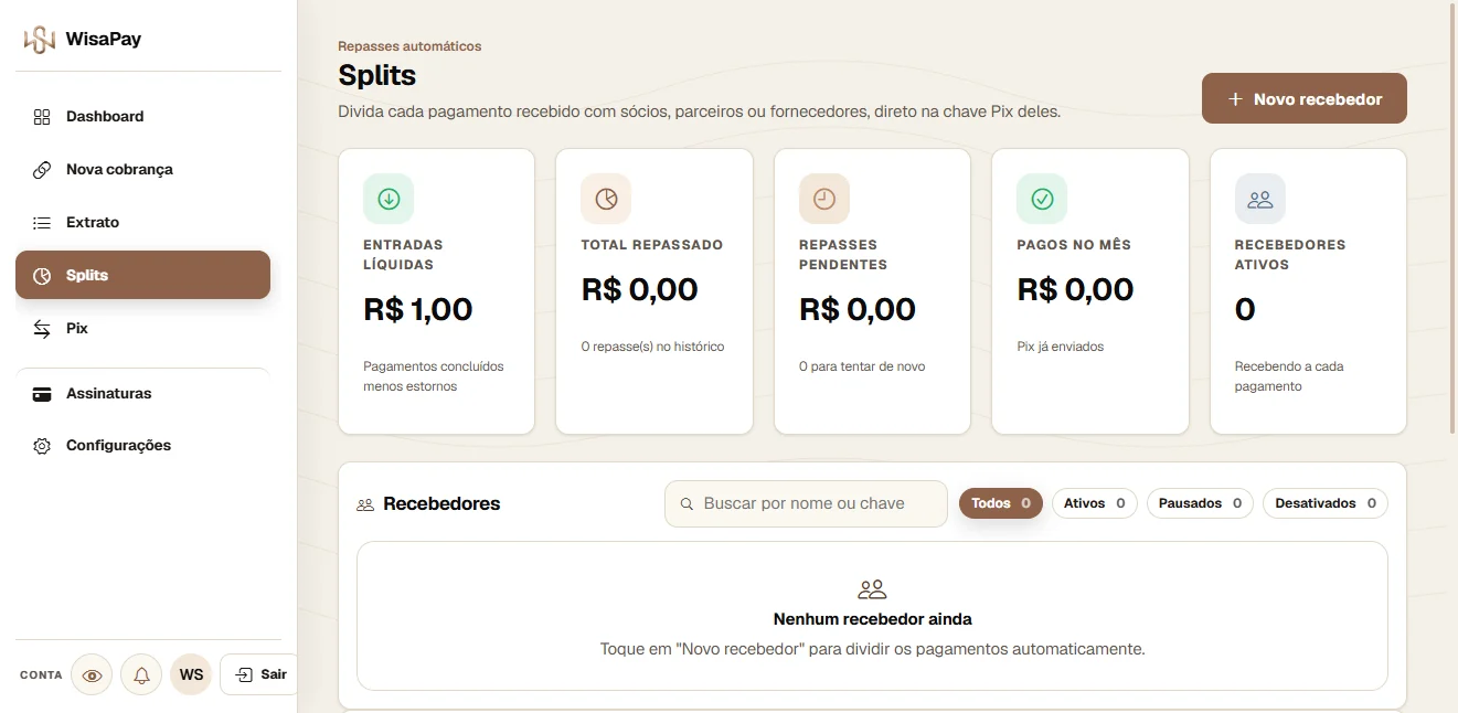 Tela Split de pagamento do painel WisaPay