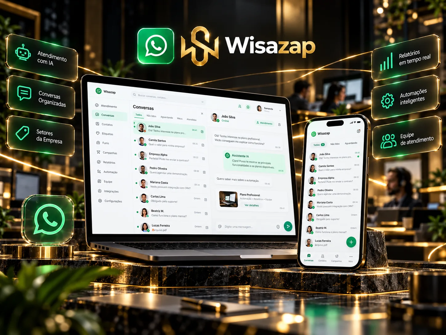 Plataforma Wisazap no computador e no celular, com conversas organizadas, atendimento por inteligência artificial e gestão de equipe