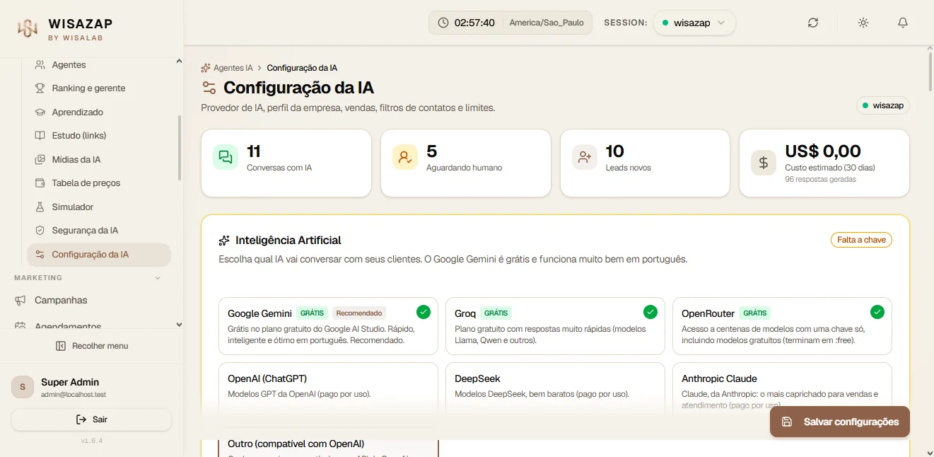 Tela Configuração da IA do painel WISAZAP