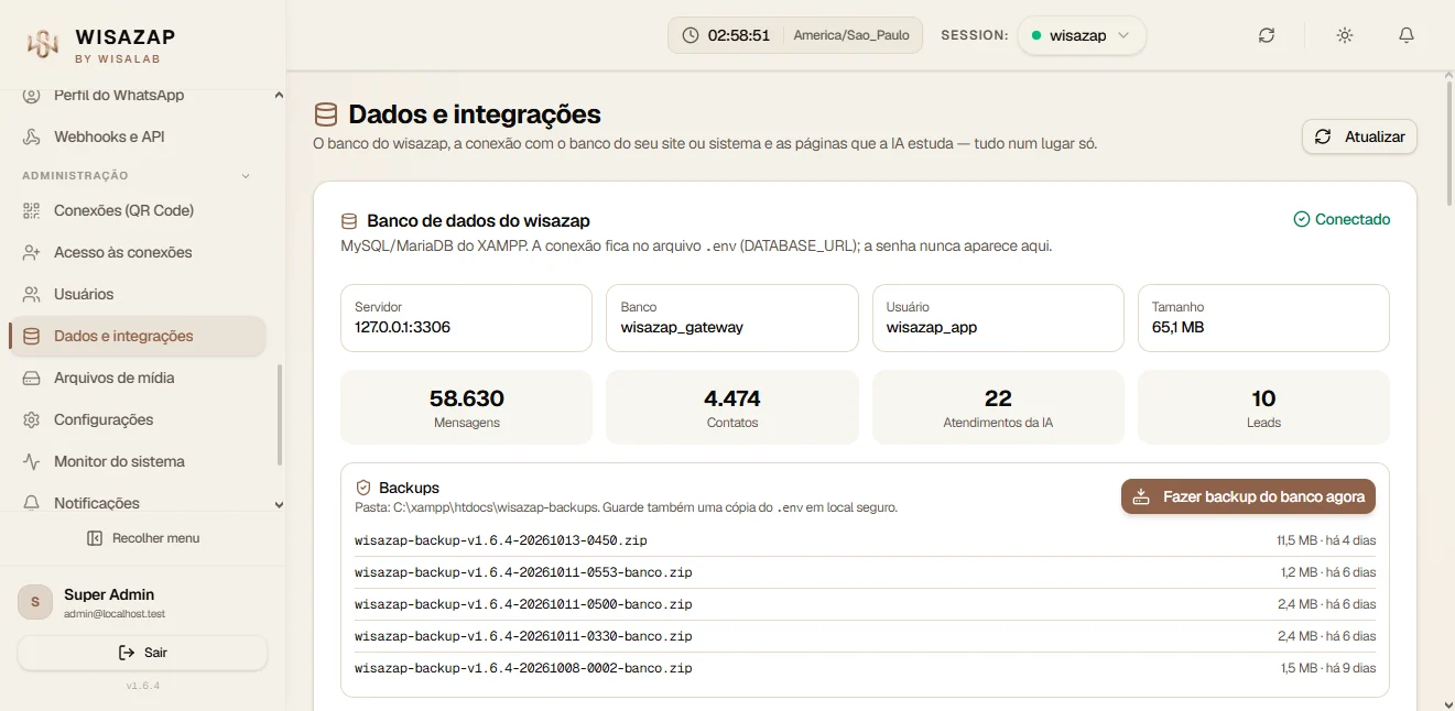 Tela Dados e integrações do painel WISAZAP