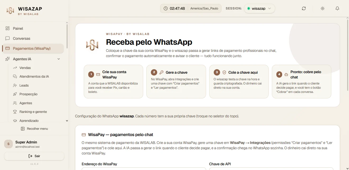 Tela Pagamentos pelo chat (WisaPay) do painel WISAZAP