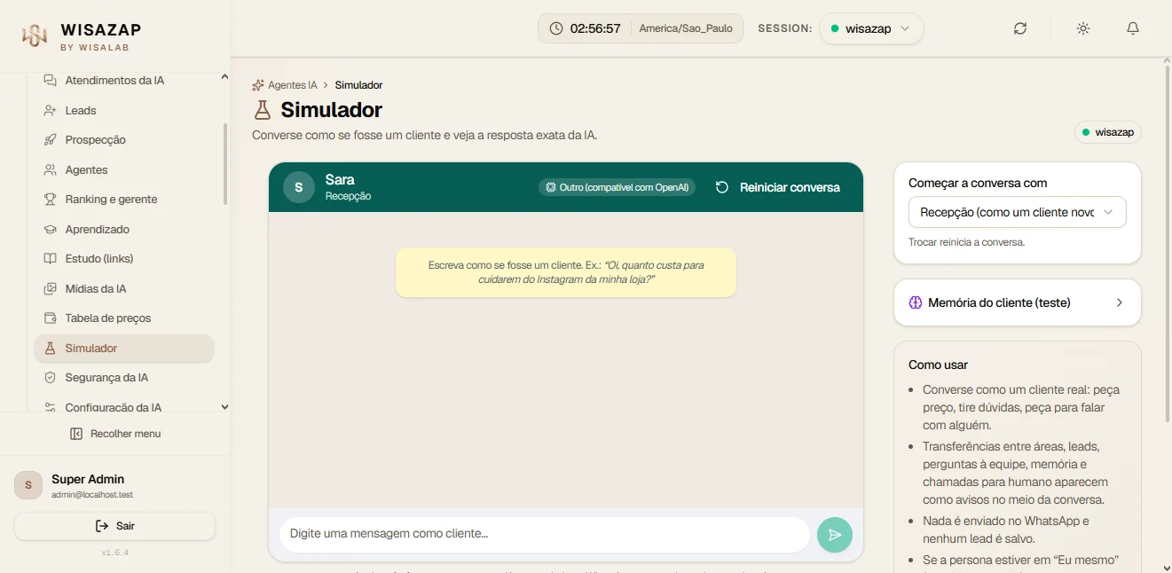 Tela Simulador da IA do painel WISAZAP